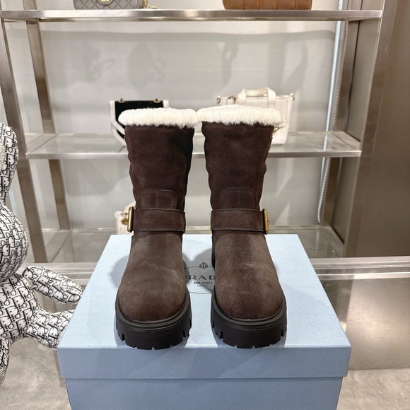 Prada Women's Dark Brown Winter Boots with White Trim - Picture 3 of 6